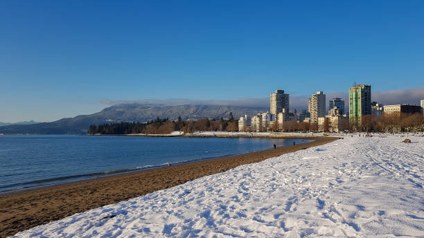 English Bay in Snow A snowy day at the English Bay beach english bay vancouver skyline stock pictures, royalty-free photos & images
