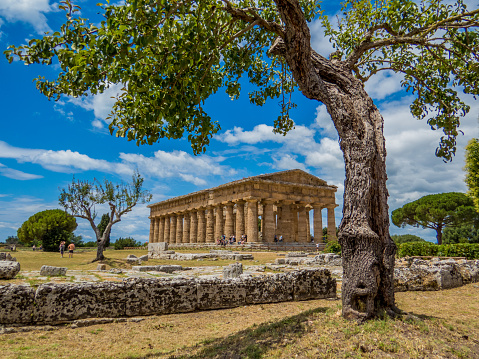 Ancient Greek ruins in the archaeological site of Paestum, Italy