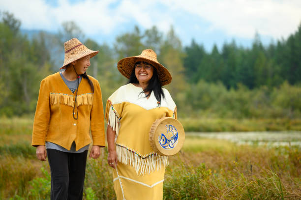 Traditional First Nations Culture First Nations Canadians. Indigenous women walking on a boardwalk. Canadian culture and history. pemberton bc stock pictures, royalty-free photos & images