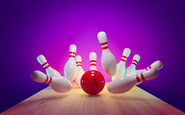 bowling-streik - kugel schlagen pins in der gasse 3d render - strike stock-fotos und bilder