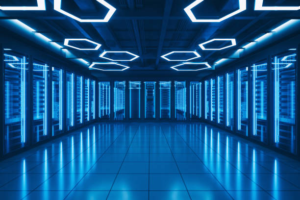 Futuristic Data Center Server Room Interior of a futuristic server room. mainframe stock pictures, royalty-free photos & images