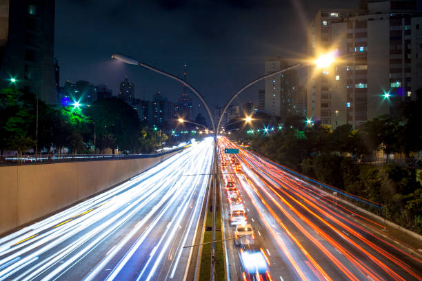 night view of Sao Paulo with traffic trails night view of Sao Paulo with traffic trails long shutter speed stock pictures, royalty-free photos & images