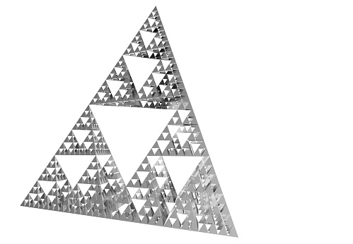 Gray Sierpinski triangle on white background. It is a fractal with the overall shape of an equilateral triangle, subdivided recursively into smaller equilateral triangles. 3D Illustration
