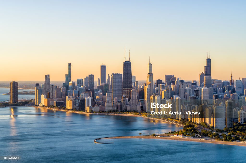 Chicago Aerial Cityscape at Sunrise Aerial View of Chicago Lake Shore Dr at sunrise in Autumn - October 2019 Chicago - Illinois Stock Photo