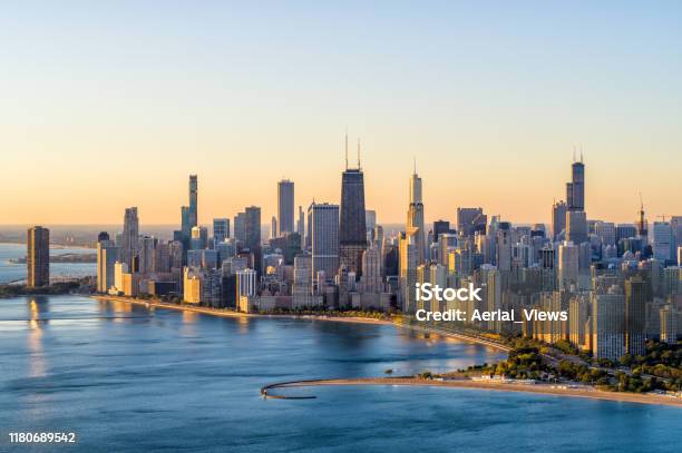 Chicago Aerial Cityscape At Sunrise Stock Photo - Download Image Now - Chicago - Illinois, Urban Skyline, USA