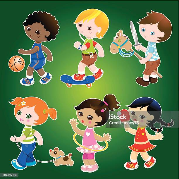 Cute Kids Playing Set Stock Illustration - Download Image Now - African Ethnicity, Afro Hairstyle, Basketball - Ball
