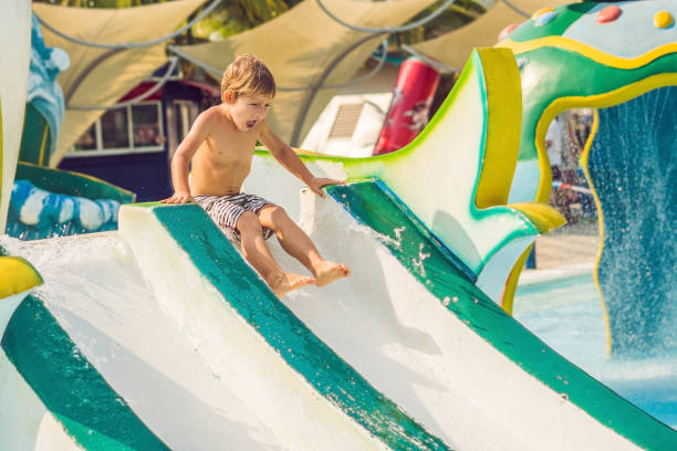 istock Boy is having fun in the water park 1180695380