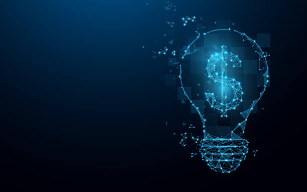 선, 삼각형 및 파티클 스타일 디자인에서 달러 기호 아이디어 전구. 디지털 마케팅 컨셉 - light bulb electricity lighting equipment blue stock illustrations