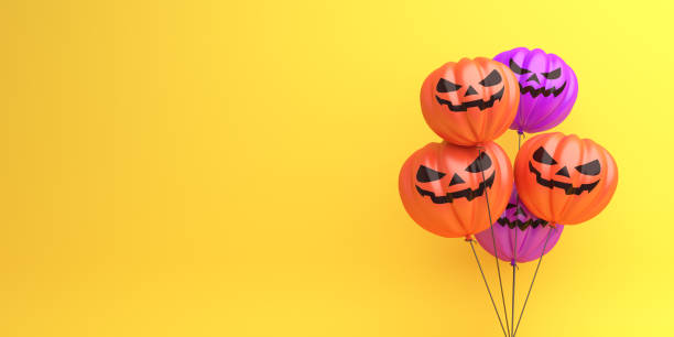 istock Happy Halloween design creative concept celebration holiday, Pumpkin balloons on orange background, copy space text area. 1180700923