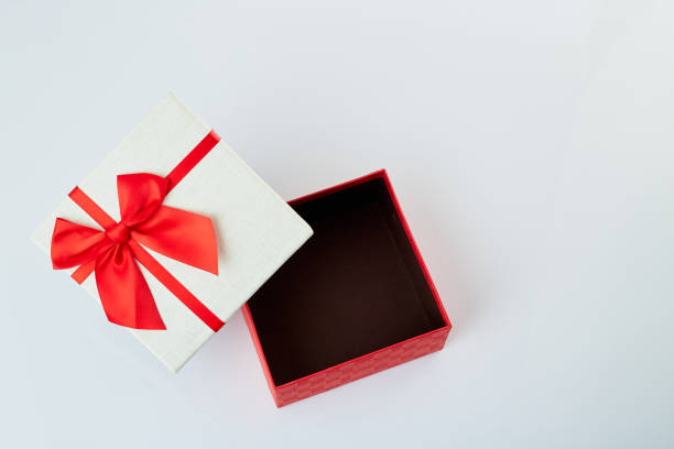 istock White gift box with red ribbon bow on white background 1180704904