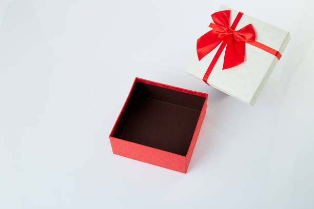 istock White gift box with red ribbon bow on white background 1180704934
