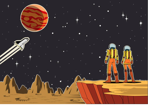 Vector Retro Couple Astronaut on a Planet Illustration A retro style vector illustration of a couple of astronaut standing on a cliff on a planet while looking at outer space. Wide space available for your copy. cartoon robot images stock illustrations