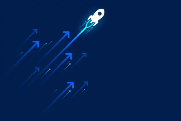 Vector illustration of Up rocket and arrows on blue background illustration, copy space composition, business growth concept.