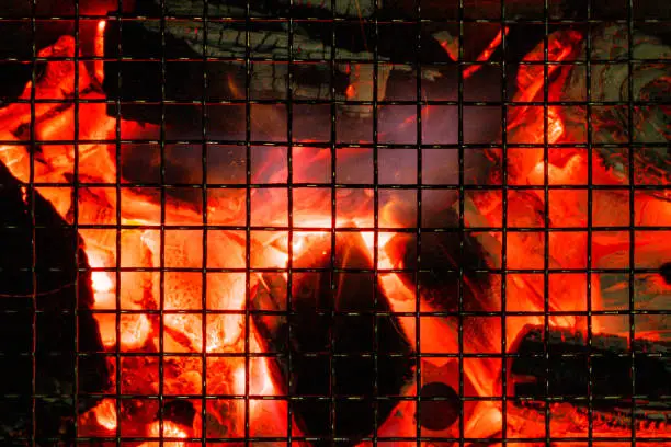 Burning charcoal fire and net