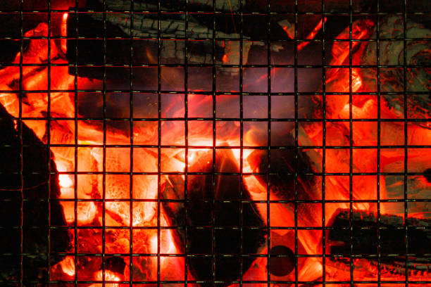 burning charcoal fire and net - char grilled imagens e fotografias de stock