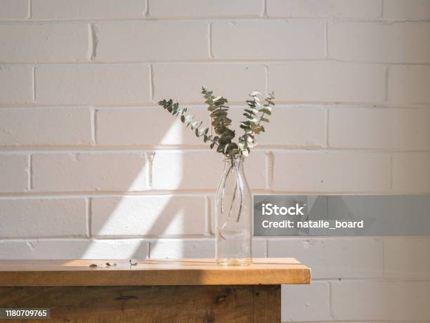 Eucalyptus Leaves In Glass Bottle On Wooden Table Stock Photo - Download Image Now - Side Table, Vase, Eucalyptus Tree