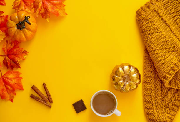 istock Two Pumpkin With A Leafs Maple, Coffee And Scarf On Yellow Background , Ornament For Thanksgiving. Flat Lay. 1180710560
