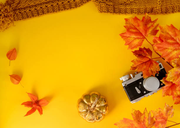 istock Golden Pumpkin With A Leafs Maple,  A Camera On Yellow Background , Ornament For Thanksgiving. Flat Lay. 1180710587