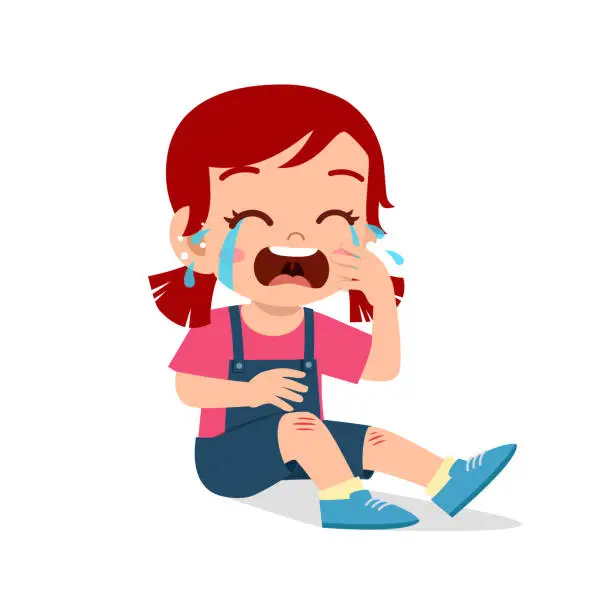 Vector illustration of sad cry cute kid girl knee hurt bleed