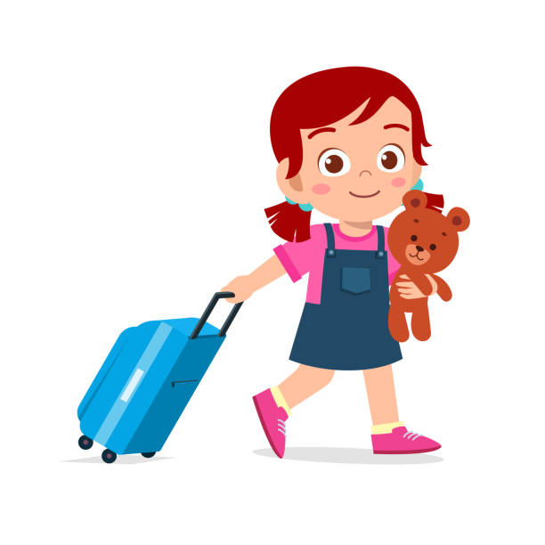 happy cute kid girl pull bag with teddy happy cute kid girl pull bag with teddy journey clipart stock illustrations