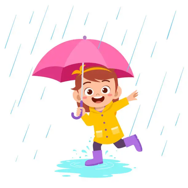 Vector illustration of happy cute kid girl play wear raincoat