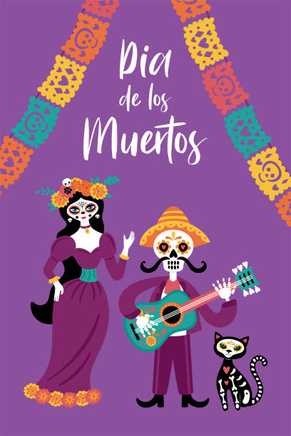 tag der toten dia de los muertos urlaub grußkarte design mit niedlichen charakteren. - vertical single flower women teenager stock-grafiken, -clipart, -cartoons und -symbole