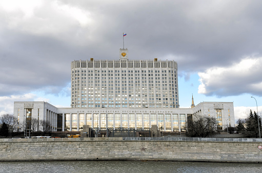 MOSCOW,RUSSIA - MARCH 11,2014: The house of Russian Federation Government or White house in Moscow in clouds day. Built from 1965 to 1979 as the Supreme Soviet of Russia