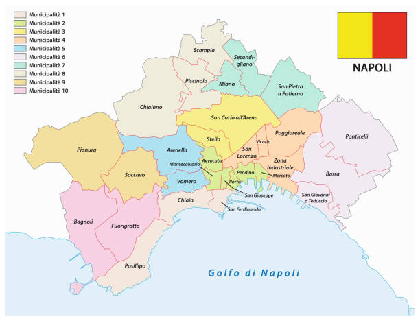 административная карта столицы кампанского неаполя с флагом италии - napoli stock illustrations