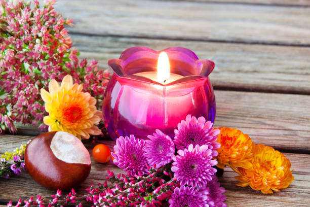 istock Autumn home decoration with candle 1180730250