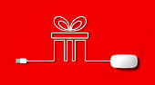 White Mouse Cable Forming A Gift Box on Red Background