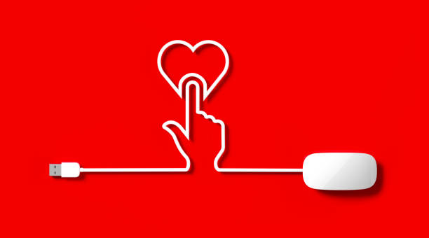 white mouse cable forming a hand cursor clicking on a heart shape on red background - input device usb cable sharing symbol imagens e fotografias de stock
