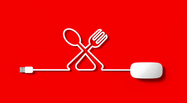 câble blanc de souris formant le symbole de restaurant sur le fond rouge - input device usb cable sharing symbol photos et images de collection