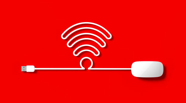 white mouse cable forming a wireless symbol on red background - input device usb cable sharing symbol imagens e fotografias de stock