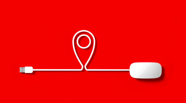 white mouse cable forming a map pointer symbol on red background - input device usb cable sharing symbol imagens e fotografias de stock