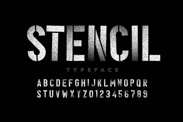 Spray paint sctencil style font Spray paint sctencil style font, alphabet letters and numbers stencil stock illustrations