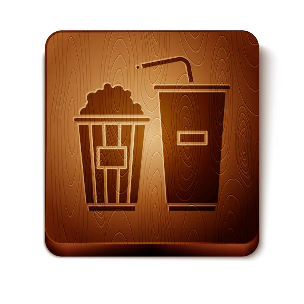 ilustrações de stock, clip art, desenhos animados e ícones de brown popcorn in cardboard box and paper glass with drinking straw and water icon isolated on white background. soda drink glass. wooden square button. vector illustration - backgrounds paper bag brown background striped