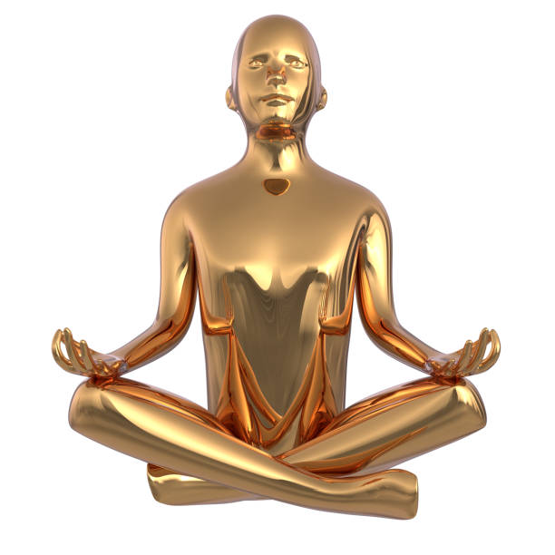 istock Gold statue man yoga lotus position stylized iron figure concept 1180734992