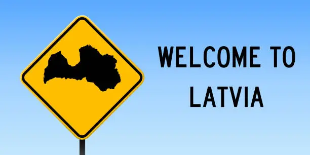 Vector illustration of Latvia map on road sign.