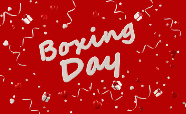 Boxing Day text surrounded by gift boxes confetti and party streamers falling on red background, Great use for Boxing Day concepts.