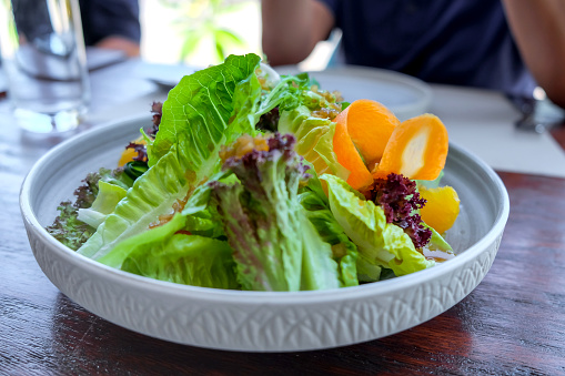 Close up leaf vegetables with mandarin orange fruit salad on plate.