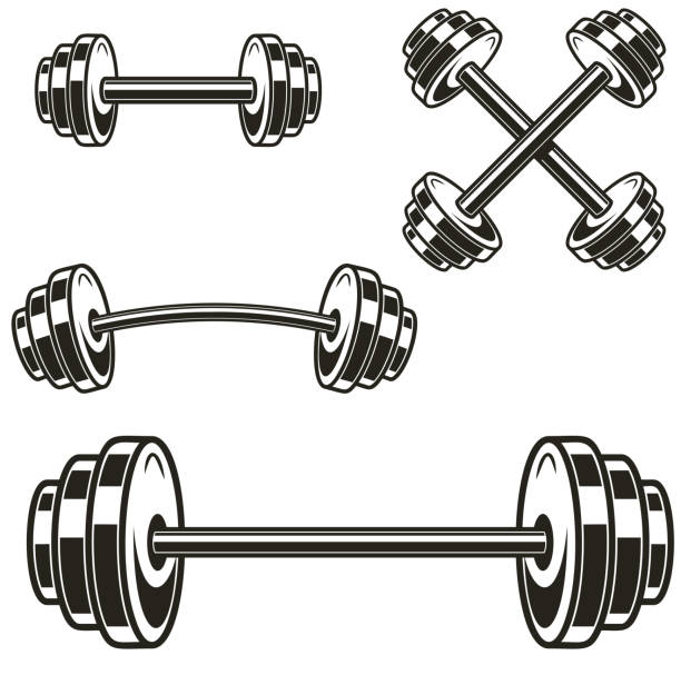 satz von powerlifting langhanteln isoliert auf weißem hintergrund. designelement für etikett, abzeichen, zeichen. vektor-illustration - dumb bells stock-grafiken, -clipart, -cartoons und -symbole