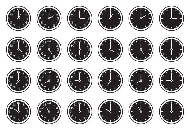 아날로그 시계 아이콘입니다. 채우기 설계로 선. 벡터 일러스트레이션. - minute hand number 8 clock number 7 stock illustrations