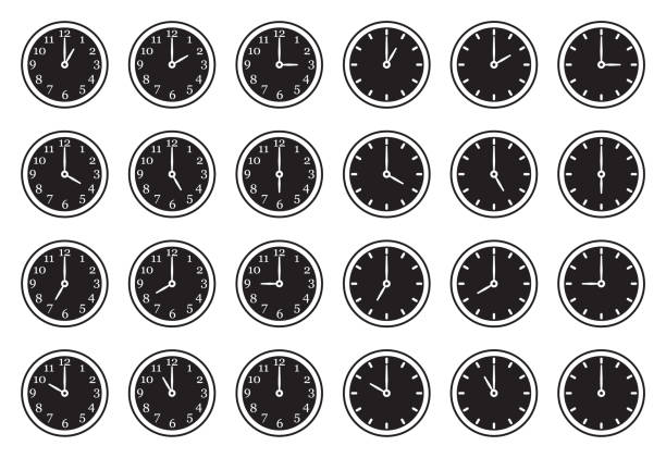 ilustrações, clipart, desenhos animados e ícones de ícones analógicos do pulso de disparo. linha com projeto da suficiência. ilustração do vetor. - minute hand number 8 clock number 7