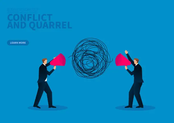 Vector illustration of Conflict and quarrel, two businessmen holding megaphones to quarrel