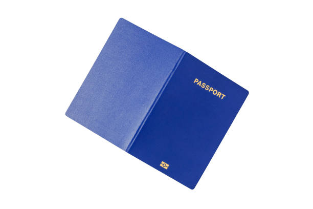 istock Blue blank biometric passport of a citizen on a white background without shadow, in expanded form, cover top 1180740487