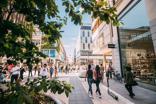 Stockholm, Sweden  - June 28, 2019: Tourists People Walking In Famous Drottninggata Street. Drottninggatan (Queen Street) In Stockholm, Sweden, Is A Major Pedestrian Street With Many Shops.