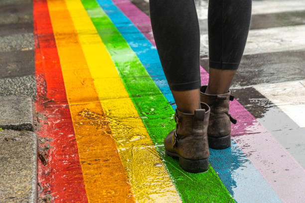 Legs walking on Gay rainbow crosswalk. Female legs walking on rainbow crosswalk in Gay parade. honor concept stock pictures, royalty-free photos & images