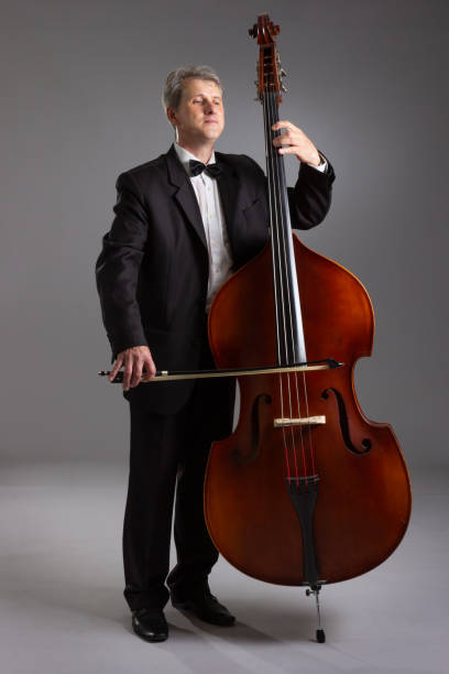 istock A man with a double bass on a gray background. 1180741975