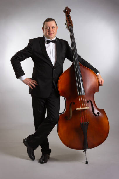 istock A man with a double bass on a gray background. 1180741982