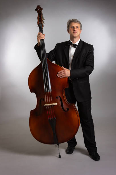 istock A man with a double bass on a gray background. 1180741983